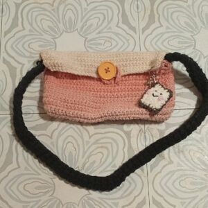Crochet Pink Cream Shoulder Bag Black Strap And Pop tart Keychain Charm Handmade